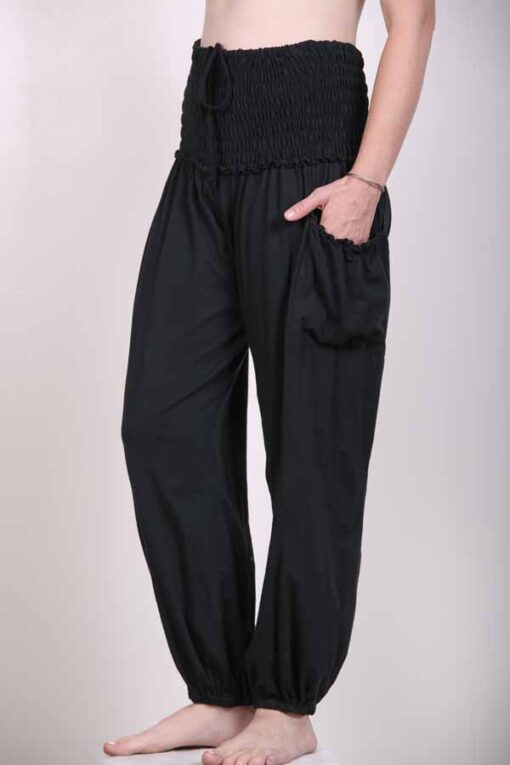 Organic Cotton Elastic Shirred Yoke Harem Pant- Black Jersey Knit by Blue Lotus Yogawear
