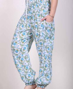 Printed Cotton Elastic Shirred Yoke Harem Pant- Blue Floral by Blue Lotus Yogawear