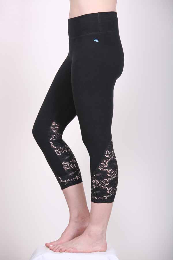 Organic Cotton Lace Calf Capri Yoga Legging- Black