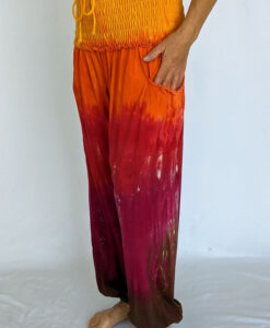 Organic Cotton Smocked Waistband Harem Pant-Red Orange Tie Dye by Blue Lotus Yogawear