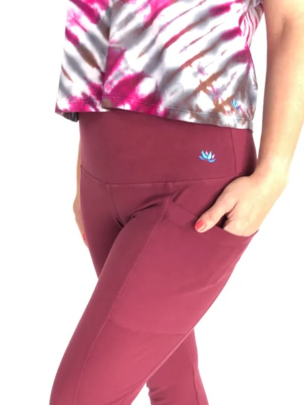 Organic Cotton High Waist Ankle Length Legging with Side Pockets- Wine by Blue Lotus Yogawear