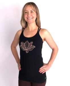 Organic Cotton Double Cross Back Cami with Built-in Bra-Black-Lotus Motif by Blue Lotus Yogawear