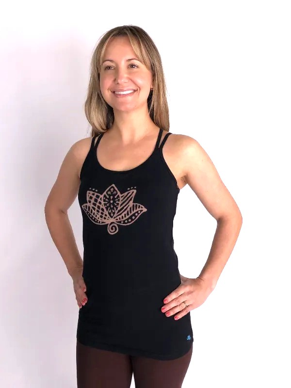 Organic Cotton Double Cross Back Cami with Built-in Bra-Black-Lotus Motif by Blue Lotus Yogawear