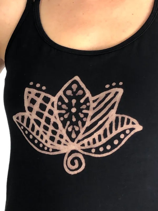Organic Cotton Cami with Built-in Bra-Black-Lotus Motif by Blue Lotus Yogawear