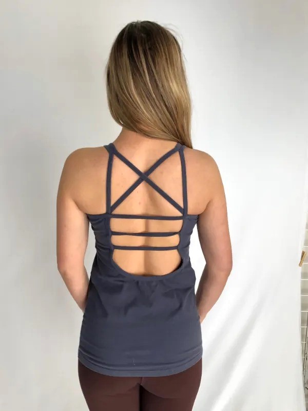 Organic Cotton Cage Back Cami with Built-in Bra-Indigo back view